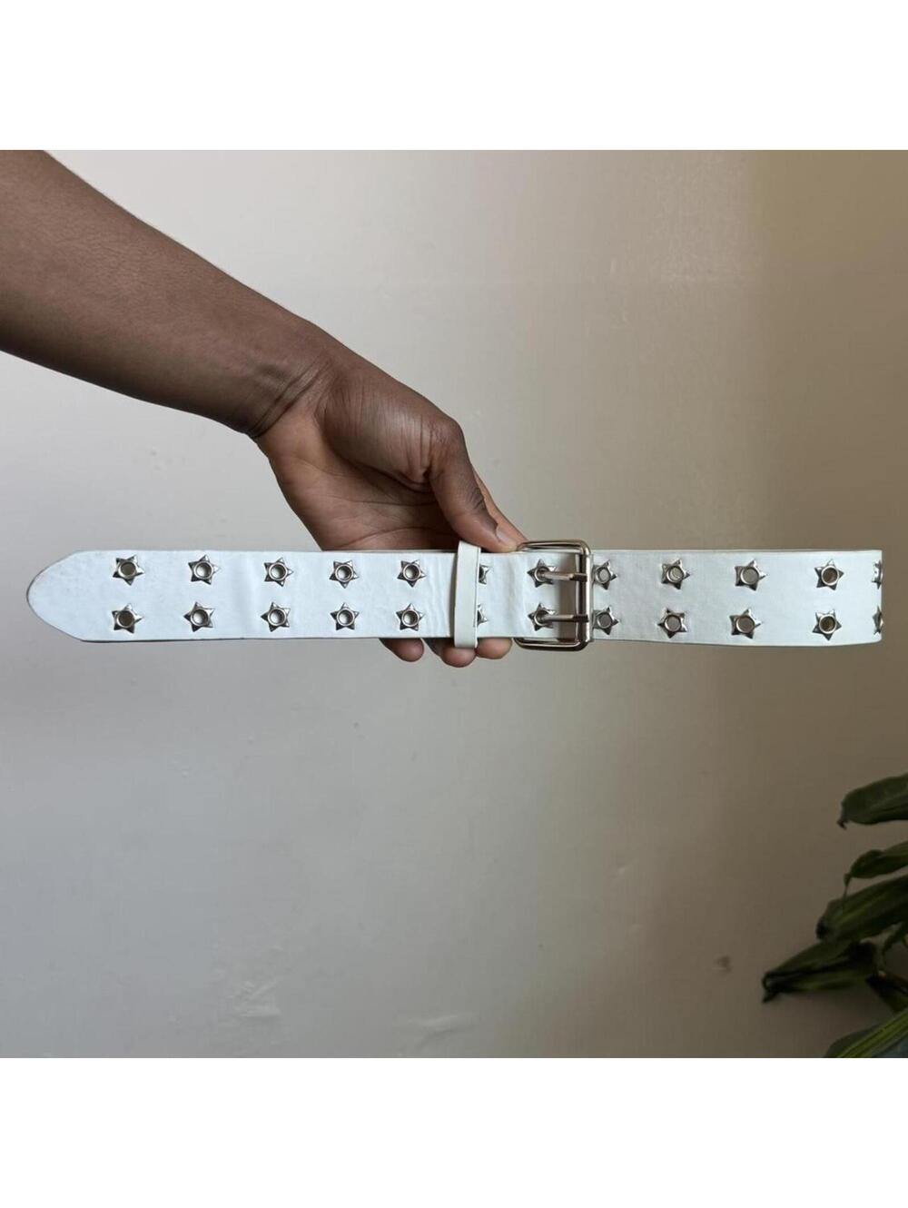 Y2K White Star Grommet Belt – Double Prong Grunge Fits S-L